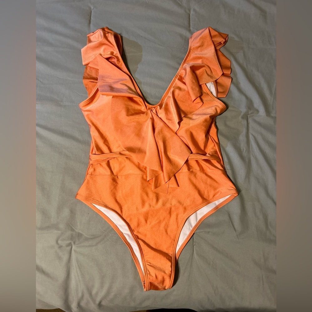 Bright Orange Ruffle Sleeve Women’s One Piece Bathing Suit, Never Worn